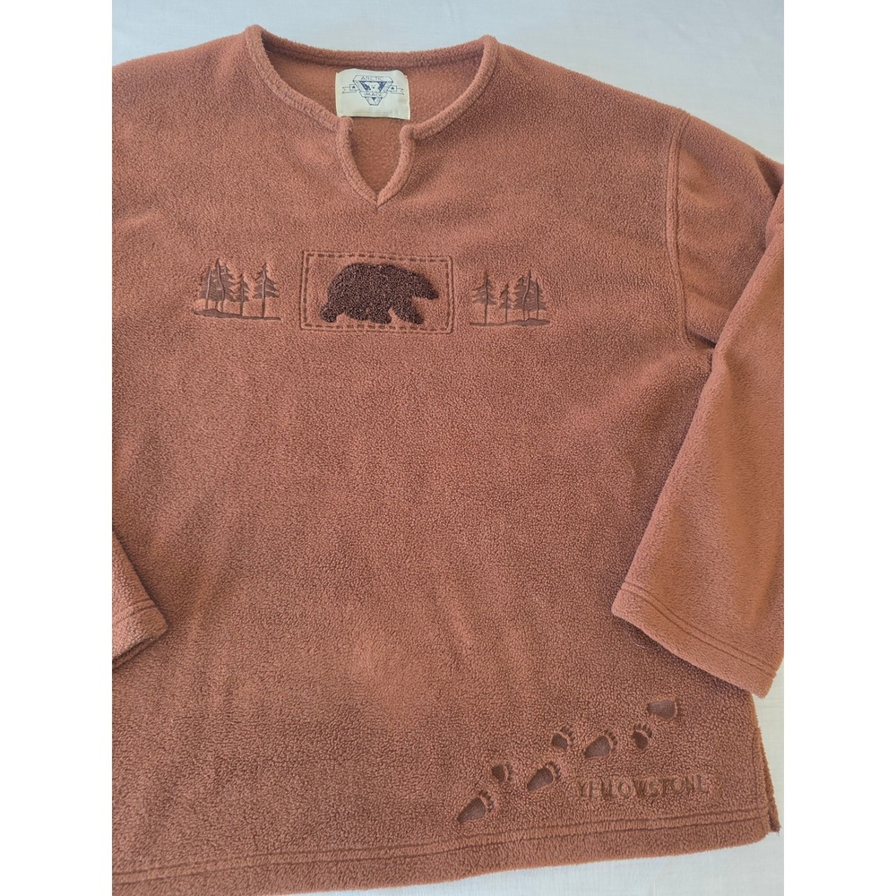Vintage Fleece Pullover Yellowstone Grizzly Bear Embroidered Medium Brown Cabin
